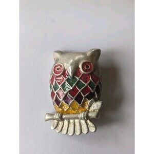 Owl Pin Vintage Articulate 1970s Stained Glass Style Owl Pin Retro MCM